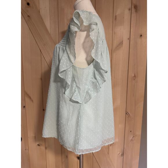 Loft | Dot Smocked Flutter Sleeve Swing Top Seafoam Green | Size Large - Picture 5 of 10